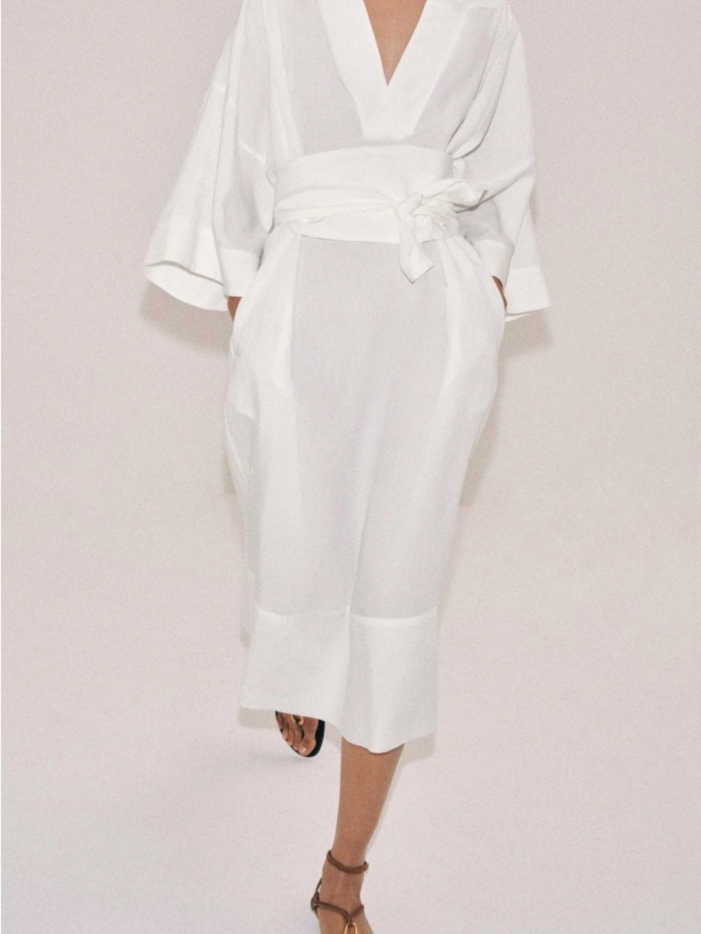 Zara White Wrap Midi Dress with Waist Tie